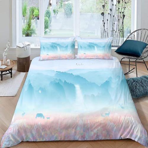 VULORA Peinture à L'encre Housse de Couette 220x240 Imprimé 3D Wapiti Animal Parure de lit 1 Personnes Adultes Enfants Microfibre Literie 3 pièces avec Fermeture Éclair et 2 Taies d'oreiller 50x75