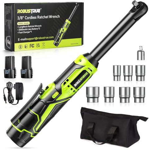 Robustrue 3/8 Akku Ratschenschlüssel 60N.m, 2 x 2000mAh Akku Ratsche 12V, 400 U/Min kabelloses Ratschenset mit Schnellladegerät & 7 Stecknüssen, variabler Geschwindigkeit