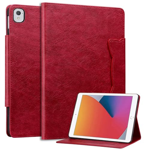 Hülle für iPad 6. Generation 2018/5. Generation 2017, Premium Leder Leichte Geschäftshülle mit Ständer, Mehrfachwinkel, Kartenfächer, Automatische Wake/Sleep für iPad 9.7/Air2/Air 1, Rot