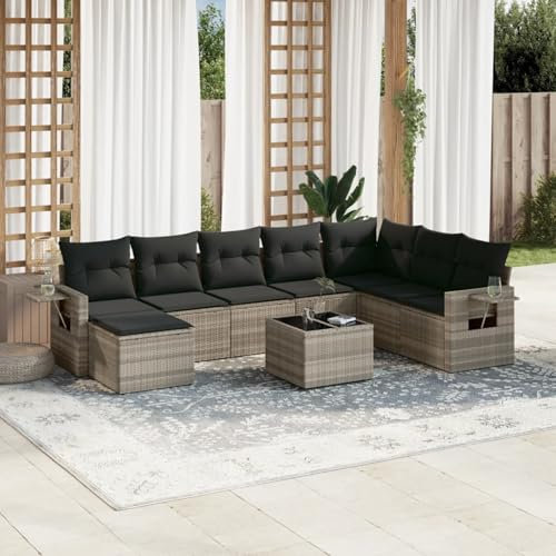 Juroupi 9-TLG. Garten-Sofagarnitur mit Kissen Gartengarnitur Lounge GartenmöBel GartenmöBel Set Lounge MöBel Outdoor Hellgrau Poly Rattan - 3220571