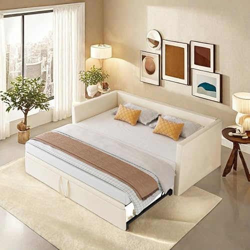 DULRLLY Bäddsoffa i konvertibel sammet, sovsoffa med utdragbar säng, super king size bäddsoffa, modern kärlekssoffa för vardagsrum lägenhet, beige