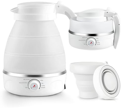 Hervidor de agua plegable de 600 ml, hervidor de agua de camping de silicona, hervidor de viaje plegable aislado con 2 vasos plegables, 600 vatios, calentamiento rápido para cocina, viajes, camping y