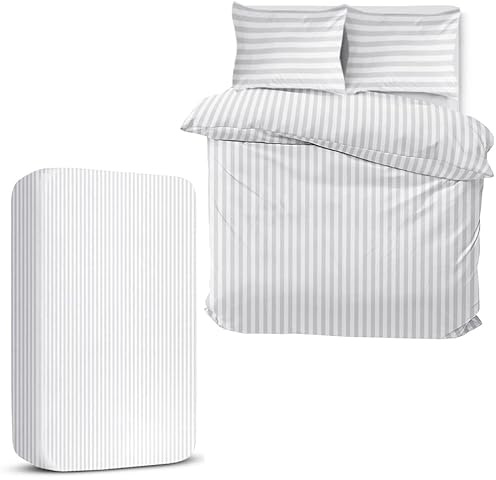 MOONLIGHT20015 King Size Duvet Cover Sets 4 Piece Satin Stripe Duvet Covers Soft Brushed Microfiber Bedding Set with Fitted Sheet & 2 Pillow Cases (White, 230x220 cm)