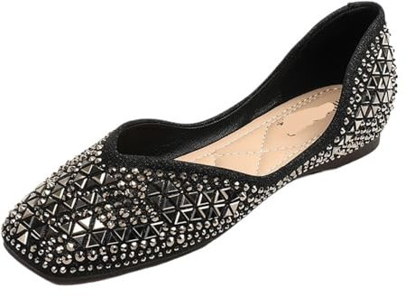 QAUUCP Flache Schuhe FüR Damen Flache Schuhe mit Nieten und quadratischer Zehenpartie for Damen mit glitzernden Perlen und flachen Mokassins mit Pailletten für Alltag, Ausgehen(Black,34)