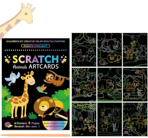 CEJAS 1 Stück Kratzbilder für Kinder 19 × 14 cm Magische Regenbogen Kratzpapier Kratzbuch Magic Scratch Book Kratzpapier Set mit Buntem Farbverlauf und Kratzstift, Tierthema