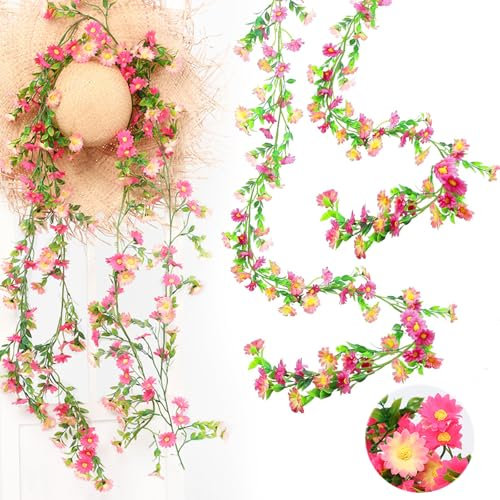 2 Stück Gänseblümchen Deko Blumengirlande, 2.1 Meter Frühlingsdeko Innen Blumengirlande Deko Rosa Künstliche Blumen für Blumenwand Türrahmen Hochzeit Wand Party Garten Frühlingsgirlande Deko