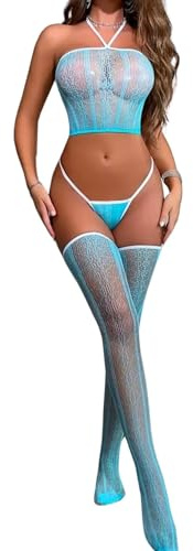 Completo Intimo Sexy Donna Rete con Calze, Bodystockings Pizzo Trasparente Elasticizzato Halter, Set Lingerie Maglia Senza Schienale Babydoll Biancheria Intima 3 Pezzi Top Corto con G-String (Blu)