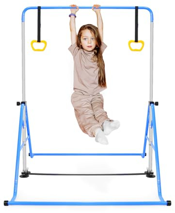 Barra de gimnasia para niños con anillos de gimnasia azul, barra de gimnasia para niños, barra de gimnasia para niños, barra de gimnasia horizontal, equipo de entrenamiento con anillos de gimnasia
