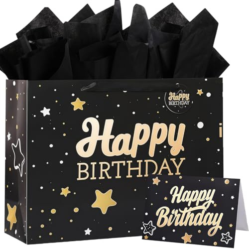 Sac cadeau grand format 33 cm x 12 cm x 26 cm, sac cadeau noir et doré de luxe avec carte cadeau et papier de soie, sacs de fête pour cadeaux, grand sac cadeau d'anniversaire pour elle