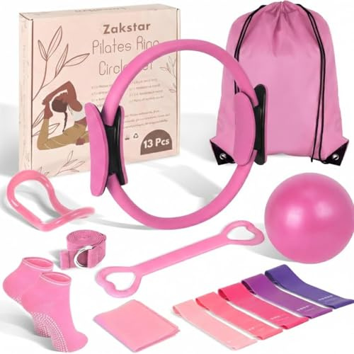 ZAKSTAR 13-pcs Home Pilates Essentials Kit for Women – 9inch Yoga Ball, Figure-8 Resistance Band, Pilates Ring, Exercise Bands & Accessories – Beginner Pilates Equipment Set for Home Workouts (Pink)