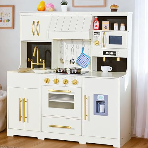 inFUNSAME Wooden Kids Kitchen Playset with Complete Play Areas and Storage, Lights & Sounds, 19Pcs Accessories - Interactive Pretend Play Set, Learning Toy Gift for Boys & Girls Ages 3+