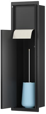 Bernkot Porte-papier toilette encastré en acier inoxydable - Avec rangement - Offre de la place pour de nouveaux rouleaux/brosse WC - 63 x 15 x 15 cm - Noir
