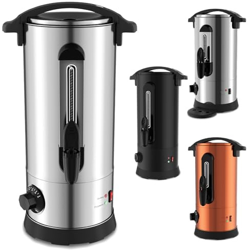 Eikuavons Glühweinkocher 10L Edelstahl, Silber | inkl. 10 Becher, 1500W Heißgetränkespender, Thermostat 30–110°C, Warmhaltefunktion, Wasserstandsanzeige & Tropfhahn