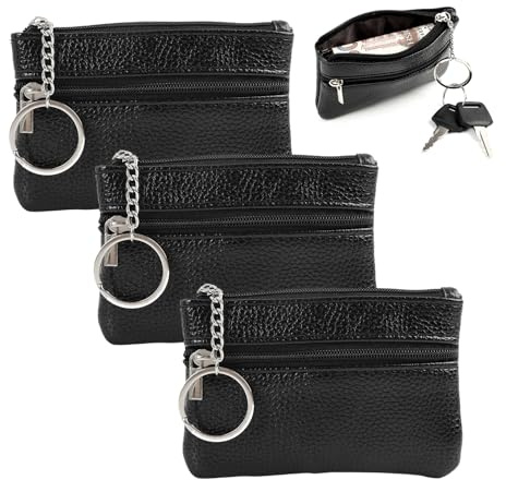 3 PCS Schlüsseletui Leder mit 2 Fächern, Multifunktionale Schlüsseltasche & Autoschlüssel Hülle, Unisex Schlüsselmäppchen für Damen & Herren, Kleine Mini Tasche Schwarz