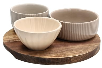 Tognana, Set 3 Ciotole + Vassoio Rotondo 20 Cm Plume, Stoneware, Multicolor