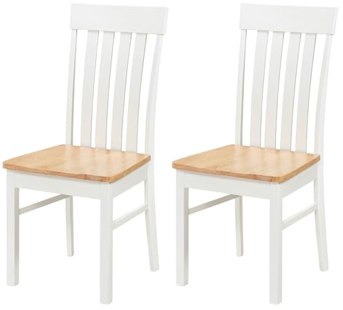 COSTWAY Dining Chairs Set of 2, Wooden Kitchen Chairs with Ergonomic Slat Backrest, Rubber Wood Seats & Legs, Armless Side Chair for Home Dining Room Reception Restaurant (White + Natural)