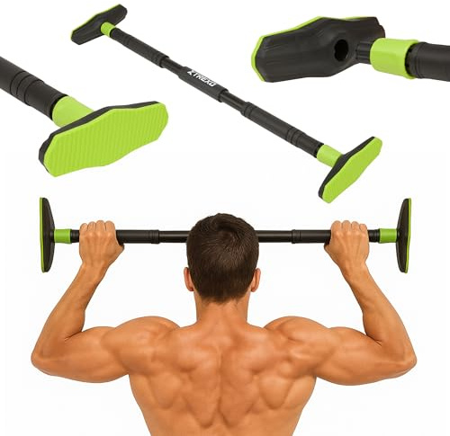 TREXO Barra de dominadas ajustable de 96 a 130 cm, barra de acero con extremos de goma, soporta hasta 150 kg, montaje seguro sin taladrar, para dominadas, abdominales y hombros en casa