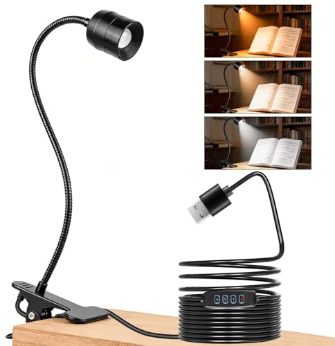 Lámpara de lectura LED, lámpara de pinza regulable con interruptor, 3 temperaturas de color, diseño de cuello de cisne con haz ajustable de 15° a 80°, para lectura interior, cama de lectura nocturna