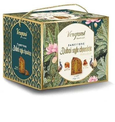Paquete para Vergani Panettone Dubai Style con Chocolate, Pistacho y Kataifi, Postre Navideño Artesanal Italiano, 800g con Crema de Pistacho 200g, Edición de Lujo