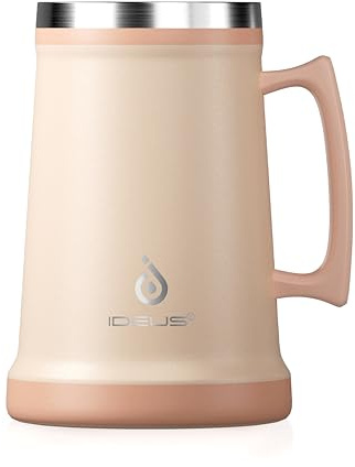 Ideus Insulated Beer Stein, 710/1000ml Stainless Steel Double Walled Beer Mug Giant Bar Drinkware Metal Beer Cup with Big Grip Handle for Party bar and Gathering (Pale Nude, 34oz (1,000ml))