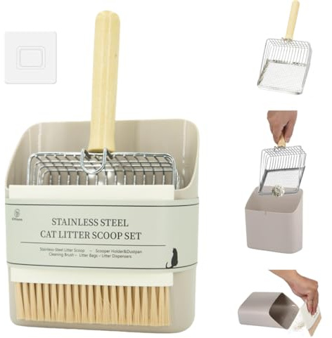 Vitisyao Cat Litter Scoop with Holder, Big Cat Litter Scoop with Built-in 2 Types of Gap, Metal Cat Litter Scooper with Holder - Portable Dustpan and Small Cleaning Brush | Big Cat Litter Scoop with Built-in 2 Types of Gap