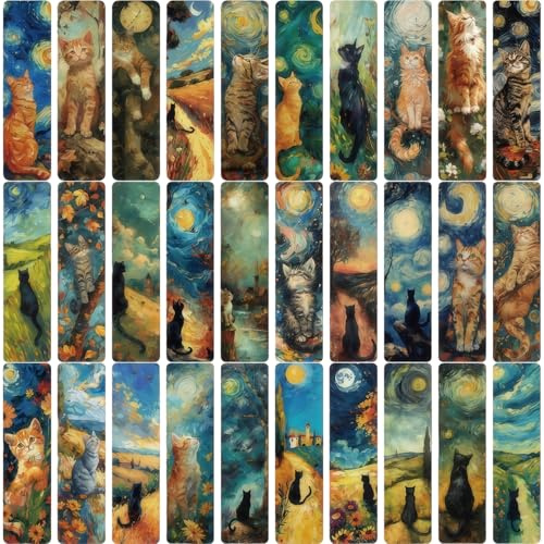 Lesezeichen Katze Set 30 Stück, Van Gogh Kunststil Bookmark mit 30 verschiedenen Katzenmotiven, Malerische Lesezeichen Papier für Bücher, Geschenk für Leseratten, Katzenliebhaber & Buchfans