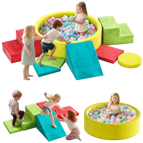 Soft Foam Climbing Blocks Set, Climbing Toys for Toddlers with Ball Pit for Indoor Play, Modular Toddler Climber with Stairs Ramp and Foam Ball Pit, Crawling Sliding Play Gym for Toddlers 1-3