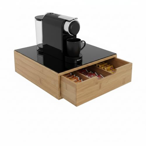 Cassetto Portacapsule e Cialde in Bambù con Piano in Vetro Temperato – Organizer Caffè Salvaspazio per Capsule e Accessori, Compatibile con Macchine da Caffè, 30x30x10 cm (Nero)
