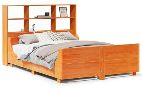 HETFTJN Massivholzbett 150x200 Kiefernholz Wachsbraun mit Bücherregal Kopfteil Lattenrost platzsparendes Bettgestell Jugendzimmer Schrankbett Alternative für kleine Schlafzimmer