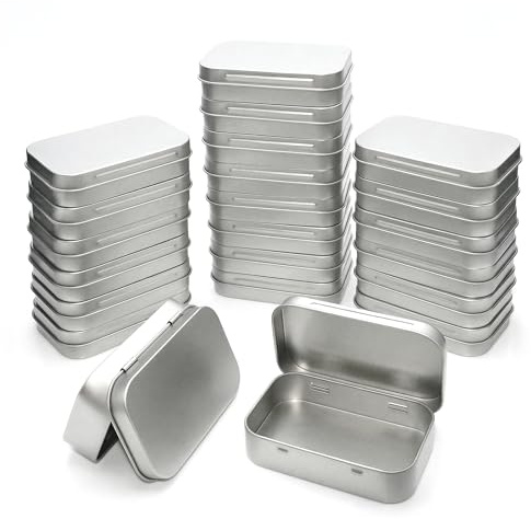 LJY 22 Pack Silver Rectangular Metal Tin Box with Hinged Lid 9.5 x 6 x 2.2 cm – Empty Small Storage Tins for DIY Labelling, Survival Kits, Soap and Hardware Organiser