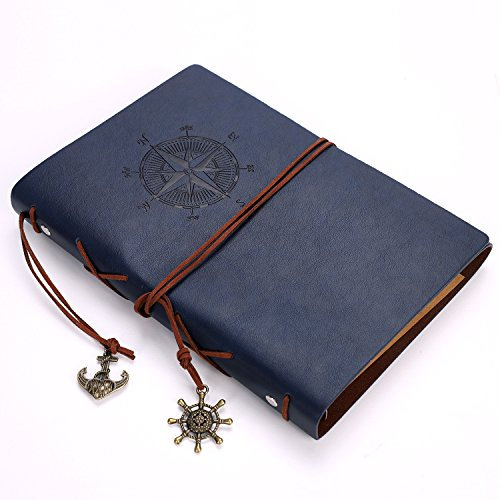 Journal Tagebuch Reisetagebuch A5 PU Leder Vintage Softcover Notizbuch mit 160 Seiten Kraftpapier Gebunden Liniertes Lederbuch Spiralbuch Notizheft für Reise Alltagsleben Planer Geschenk Dunkelblau