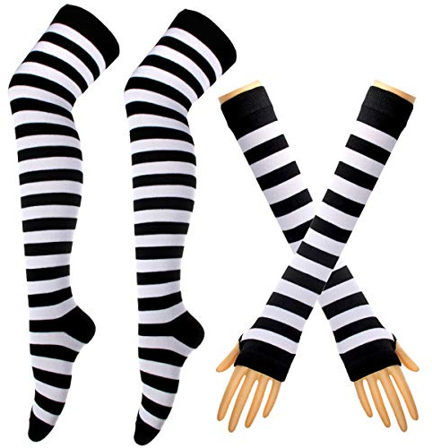 Gestreifte lange Strickhandschuhe, kniehohe Socken, Leggings, Party-Kostüm-Zubehör, 2 Paar Set Gr. Einheitsgröße, schwarz/weiß