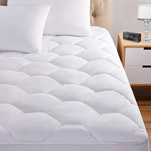Queen Mattress Pad, 8-21 Deep Pocket Protector Ultra Soft Quilted Fitted Topper Cover Fit for Dorm Home Hotel -White