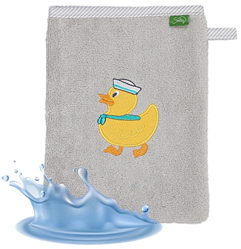 Smithy Kinder Waschlappen für Jungen und Mädchen, 100% Baumwolle - saugstark und weicher Waschhandschuh Öko-Tex-100 zertifizierter, Enten in hellgrau