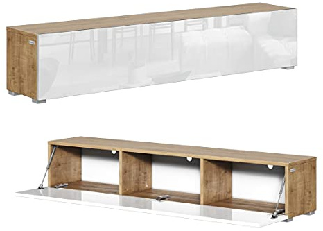 PLATAN ROOM Fernsehschrank TV-Lowboard 105/140 / 160/210 / 280 In Eiche Weiß Hängend Oder Stehend Hochglanz Matt (160 x 30 x 32, Eiche Gold/Weiß Hochglanz)