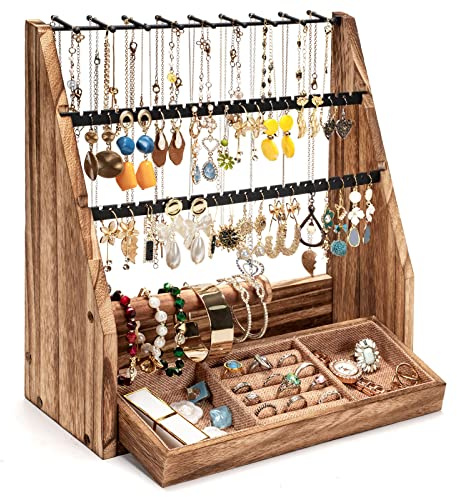 DGWJSU Jewelry Organizer Stand, 5 Layer Earring Holder Organizer with Necklace Holder, Rustic Wood Earring Organizer Display for Stud Earring Bracelet Necklace Ring, Watches
