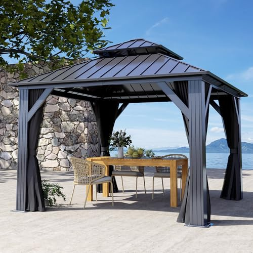 Raysfung 10 X 10ft Hardtop Gazebo, Galvanized Steel Double Roof Gazebo with Nettings and Curtain Outdoor Aluminum Frame Vertical Stripes Roof Permanent for Patio, Backyard, Lawns