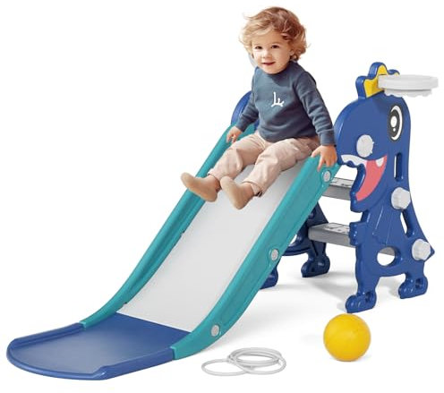 XJD Kinder Rutsche Outdoor & Indoor mit Basketballkorb Babyrutsche ab 1 Jahr Kleinkinder Rutsche Wasserrutsche Gartenrutsche für Kinder Blau