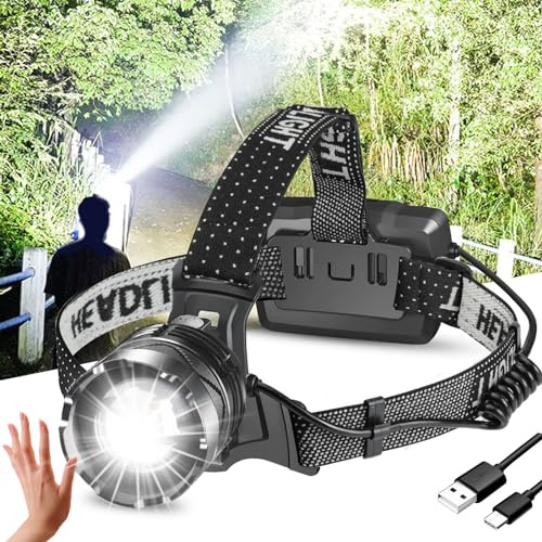 LED Wiederaufladbare Stirnlampe, 120000 Lumen Hell Mit Bewegungssensor, 8 Modi, 90° Verstellbar, Sensorfunktion, Zoom, Wasserdicht für Camping, Laufen