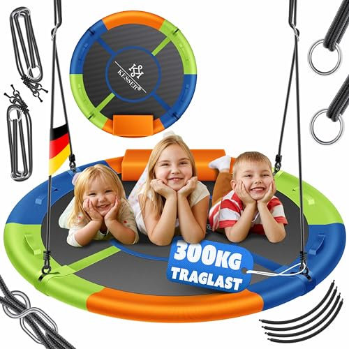 KESSER® Nestschaukel Tellerschaukel Hängeschaukel Rundschaukel Ø 120cm Schaukel bis 300kg belastbar mit Kissen & 4 Griffen verstellbar Kinderschaukel Indoor & Outdoor für Kinder & Erwachsene Bunt