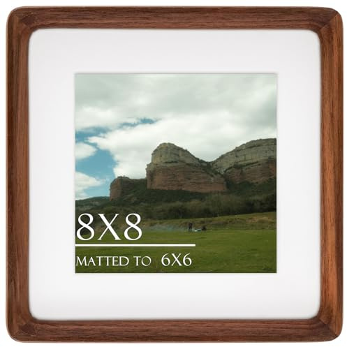 Husteria 8x8 Square Picture Frame in Natural Walnut Wood, Solid Wooden Frames matted to 6x6, Gallery Frames for Wall Mount or Tabletop Display