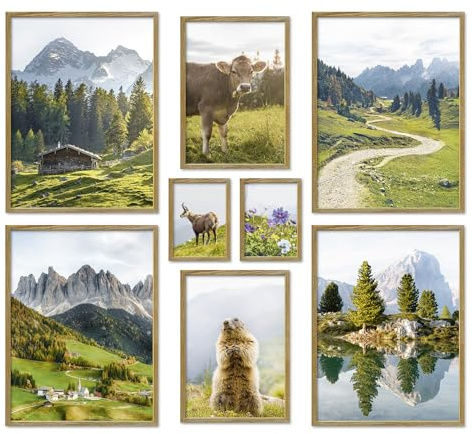 ARTFAVES® Poster Set - IN DEN BERGEN - mehrteilige Wanddeko Wohnzimmer & Schlafzimmer - 8 moderne Wandbilder Frühlingsdeko, Frühling Deko, Wandern, Alpen - mit Rahmen Eiche-Optik