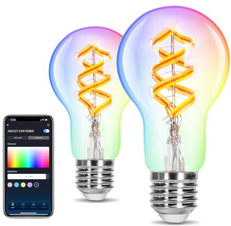 Aigostar Smarte Glühbirne E27，Alexa Lampe RGBW 4.9W 420LM, Smart Bulb A60 2700K, Smart Glühbirne Kompatibel mit Alexa und Google Home, Warmes Licht, 2 Stücke