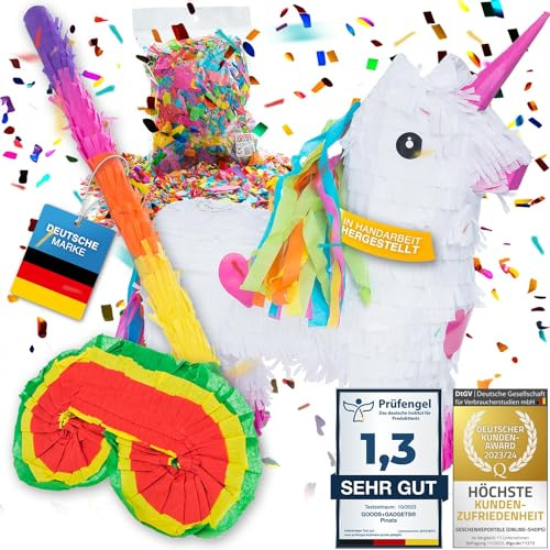 Pinata Party-Dekoration zum Befüllen XXL Set mit Konfetti, Stab & Maske; Auffüllen mit Süßigkeiten für Kinder-Geburtstag Hochzeit Party Feiern (Einhorn + Stab & Augenmaske)