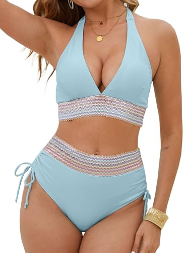 Yutdeng Bikini för kvinnor sexig triangel bikini för kvinnor set push-up bikinis för kvinnor v-ringad tvådelad baddräkt magkontroll hög midja baddräkter nackhållare badkläder färgblock baddräkt