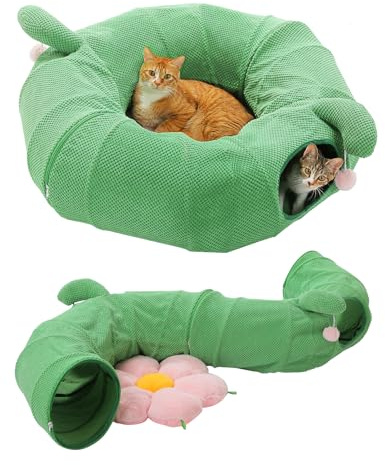 PEQULTI Cat Tunnel with Bed for Indoor Cats, Cat Play Donut Tunnel with Washable Soft Plush Flower Mat, Round Tube Toys Cute Tube for Kittens, Puppies, Rabbits and Ferrets, Green&Pink