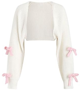 GORGLITTER Women's Bow Tie Open Front Cropped Bolero Shrugs Long Sleeve Knitted Cute Cardigans White Large