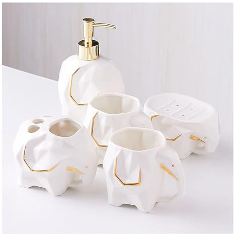 Bathroom Sets Dispensador de jabón con Divertidos Accesorios baño cerámica: Incluye Plato y Vaso for cepillos Dientes Coastal Decor(White)