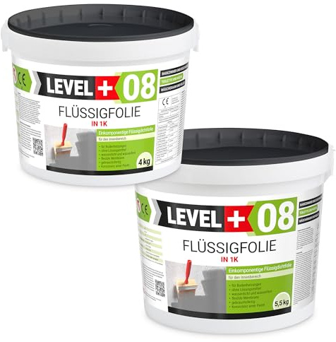 Level + 08 Flüssigfolie für Bad, Dusche & Küche – Dichtfolie unter Fliesen | auf Beton, Putz & Estrich – Wasserdichte Verbundabdichtung für Innenräume – Gebrauchsfertig und Elastisch – 9,5 kg