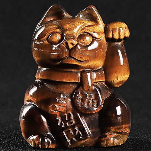Artistone 2 Yellow Tiger Eye Crystal Lucky Cat Figurine Hand Carved Maneki Neko Money Cats Statue Good Luck Feng Shui Decoration for Home Office with Gift Box